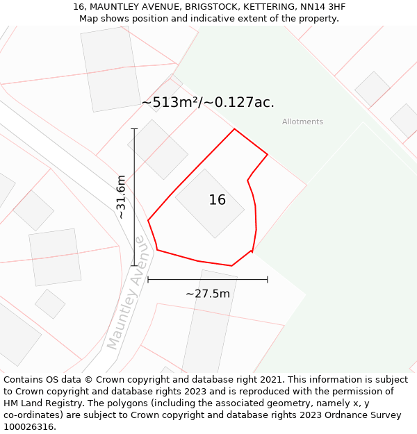 16, MAUNTLEY AVENUE, BRIGSTOCK, KETTERING, NN14 3HF: Plot and title map