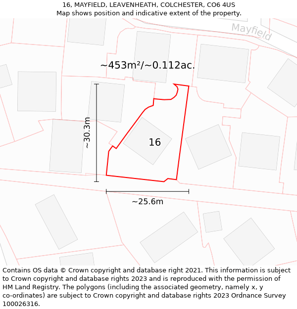 16, MAYFIELD, LEAVENHEATH, COLCHESTER, CO6 4US: Plot and title map