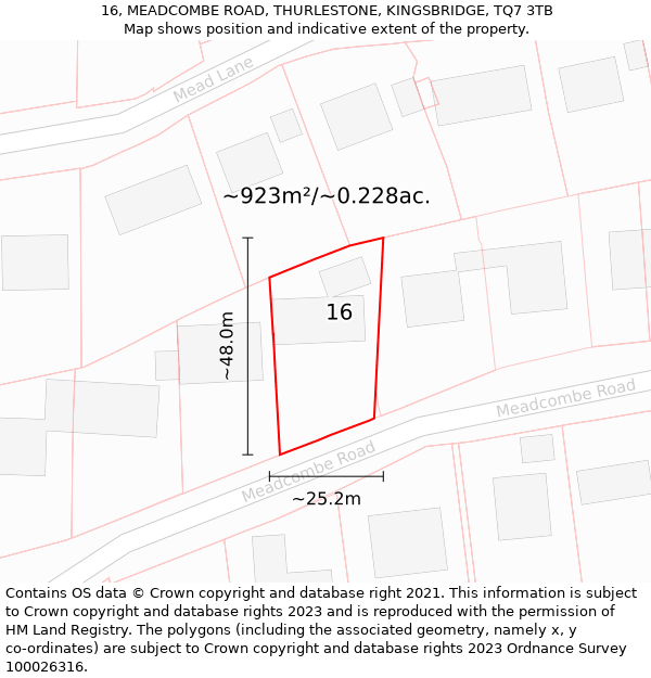 16, MEADCOMBE ROAD, THURLESTONE, KINGSBRIDGE, TQ7 3TB: Plot and title map