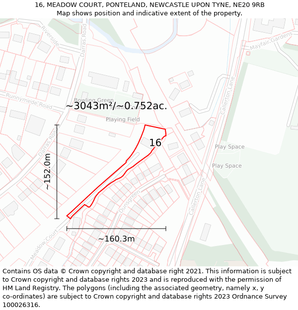 16, MEADOW COURT, PONTELAND, NEWCASTLE UPON TYNE, NE20 9RB: Plot and title map