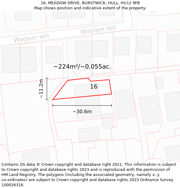 16, MEADOW DRIVE, BURSTWICK, HULL, HU12 9FB: Plot and title map