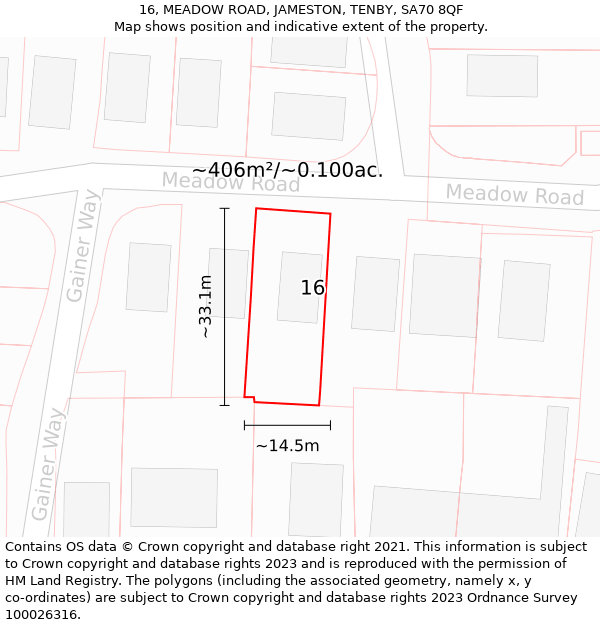 16, MEADOW ROAD, JAMESTON, TENBY, SA70 8QF: Plot and title map