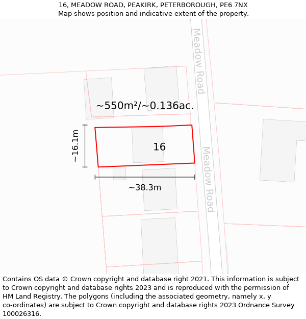 16, MEADOW ROAD, PEAKIRK, PETERBOROUGH, PE6 7NX: Plot and title map