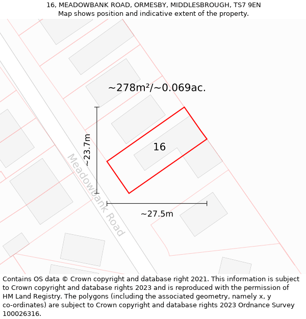 16, MEADOWBANK ROAD, ORMESBY, MIDDLESBROUGH, TS7 9EN: Plot and title map