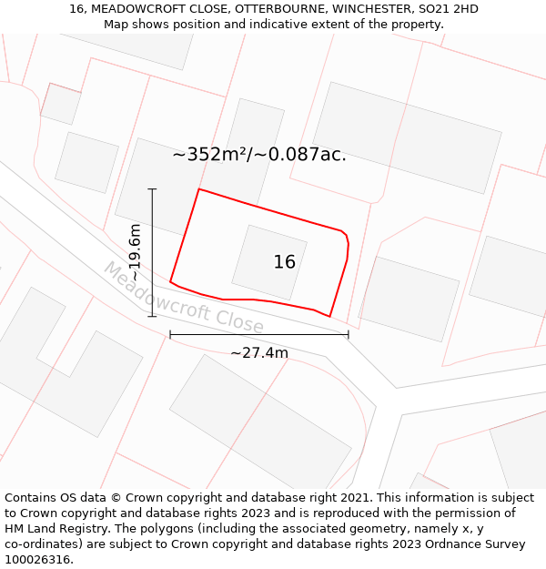 16, MEADOWCROFT CLOSE, OTTERBOURNE, WINCHESTER, SO21 2HD: Plot and title map