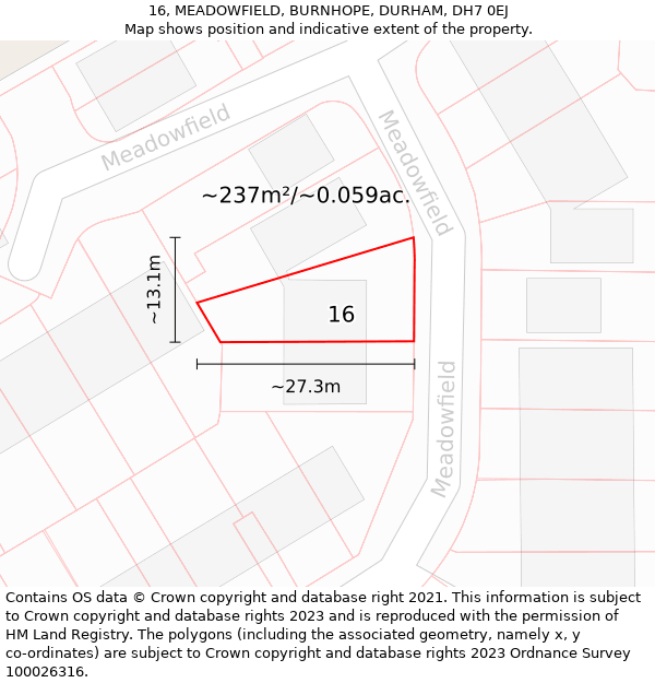 16, MEADOWFIELD, BURNHOPE, DURHAM, DH7 0EJ: Plot and title map