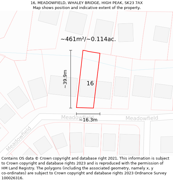 16, MEADOWFIELD, WHALEY BRIDGE, HIGH PEAK, SK23 7AX: Plot and title map