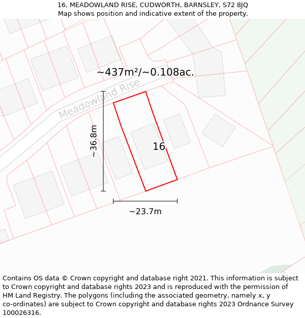 16, MEADOWLAND RISE, CUDWORTH, BARNSLEY, S72 8JQ: Plot and title map