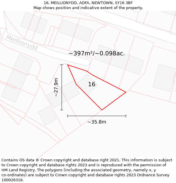 16, MEILLIONYDD, ADFA, NEWTOWN, SY16 3BF: Plot and title map