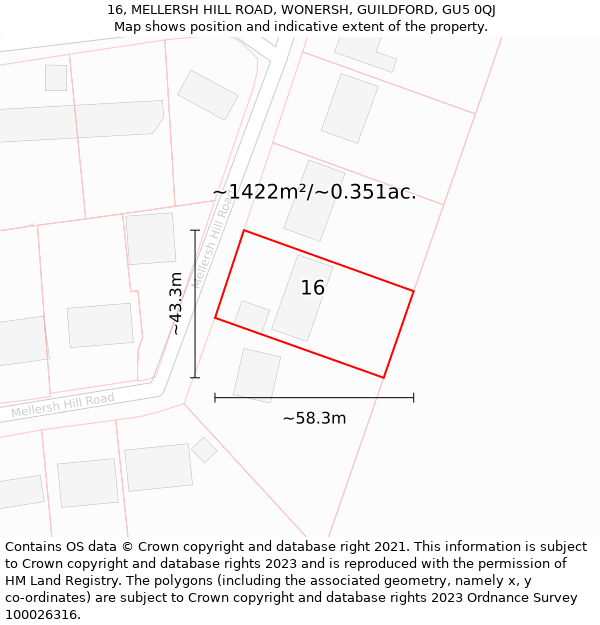 16, MELLERSH HILL ROAD, WONERSH, GUILDFORD, GU5 0QJ: Plot and title map