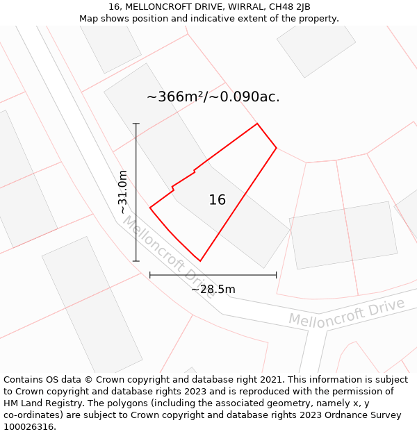 16, MELLONCROFT DRIVE, WIRRAL, CH48 2JB: Plot and title map