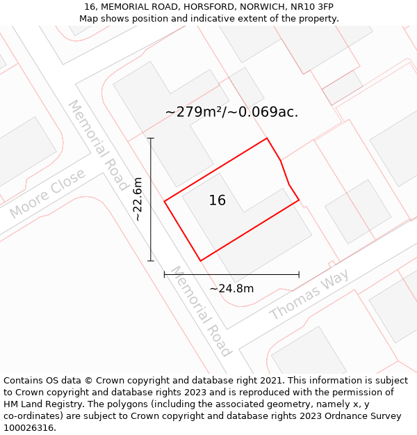 16, MEMORIAL ROAD, HORSFORD, NORWICH, NR10 3FP: Plot and title map