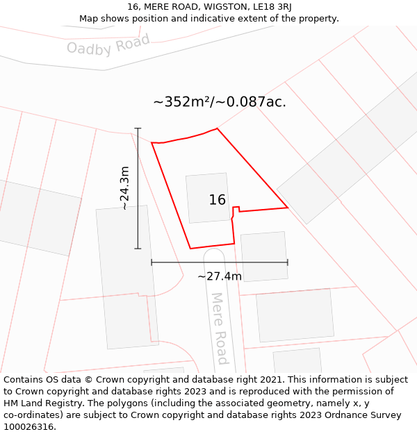 16, MERE ROAD, WIGSTON, LE18 3RJ: Plot and title map