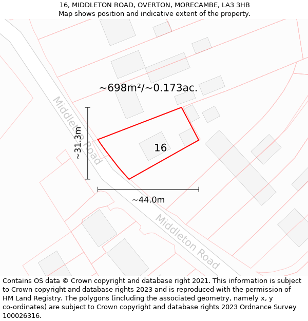 16, MIDDLETON ROAD, OVERTON, MORECAMBE, LA3 3HB: Plot and title map