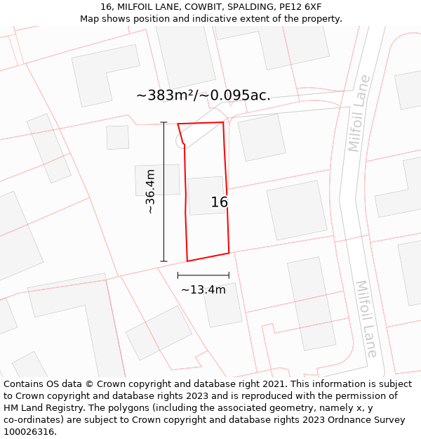 16, MILFOIL LANE, COWBIT, SPALDING, PE12 6XF: Plot and title map