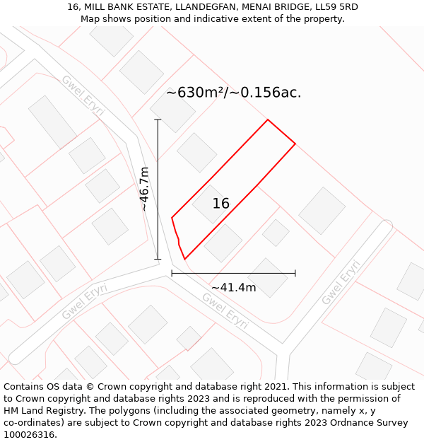 16, MILL BANK ESTATE, LLANDEGFAN, MENAI BRIDGE, LL59 5RD: Plot and title map