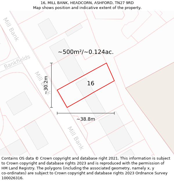 16, MILL BANK, HEADCORN, ASHFORD, TN27 9RD: Plot and title map