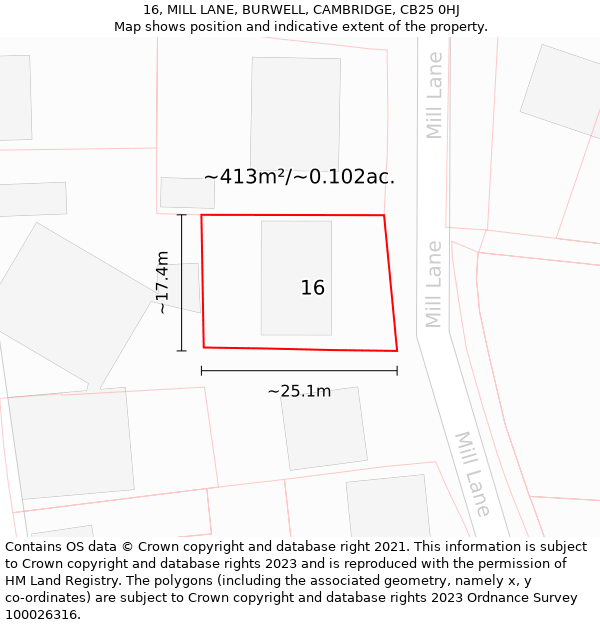 16, MILL LANE, BURWELL, CAMBRIDGE, CB25 0HJ: Plot and title map