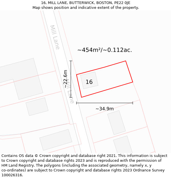 16, MILL LANE, BUTTERWICK, BOSTON, PE22 0JE: Plot and title map