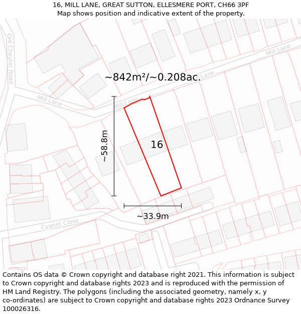 16, MILL LANE, GREAT SUTTON, ELLESMERE PORT, CH66 3PF: Plot and title map