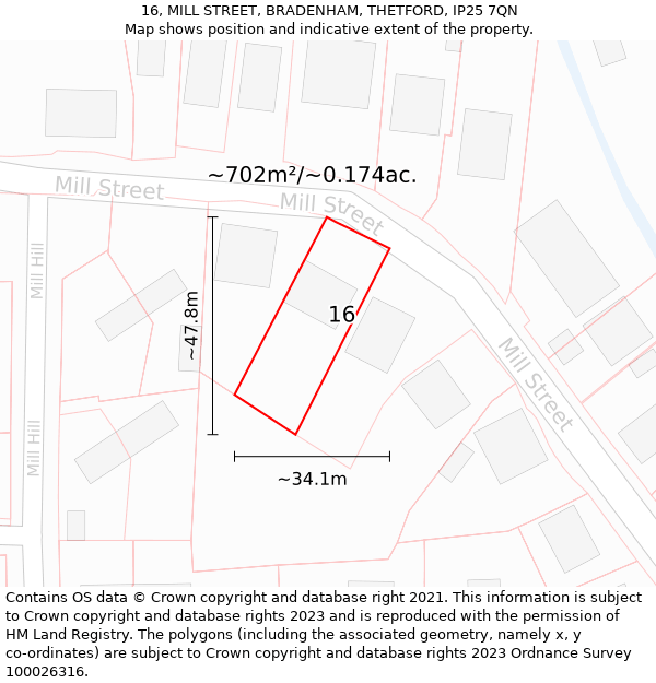 16, MILL STREET, BRADENHAM, THETFORD, IP25 7QN: Plot and title map