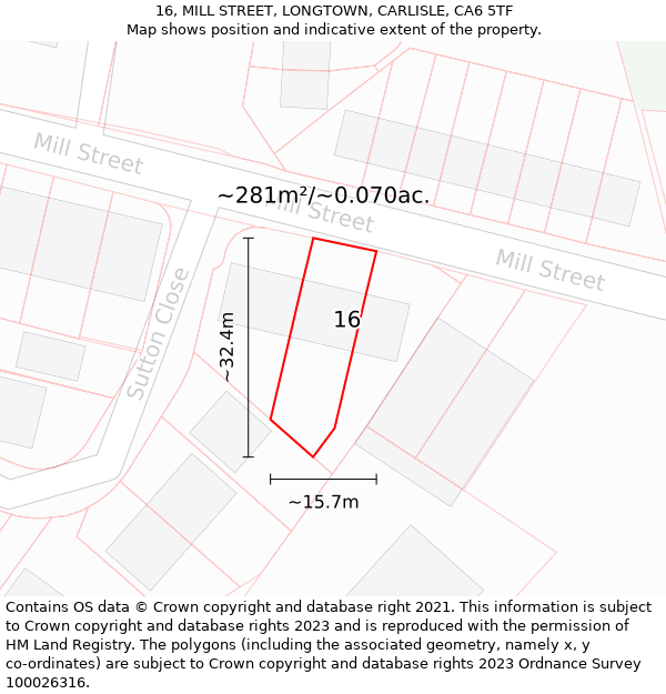 16, MILL STREET, LONGTOWN, CARLISLE, CA6 5TF: Plot and title map