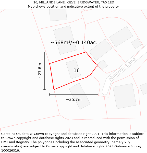 16, MILLANDS LANE, KILVE, BRIDGWATER, TA5 1ED: Plot and title map