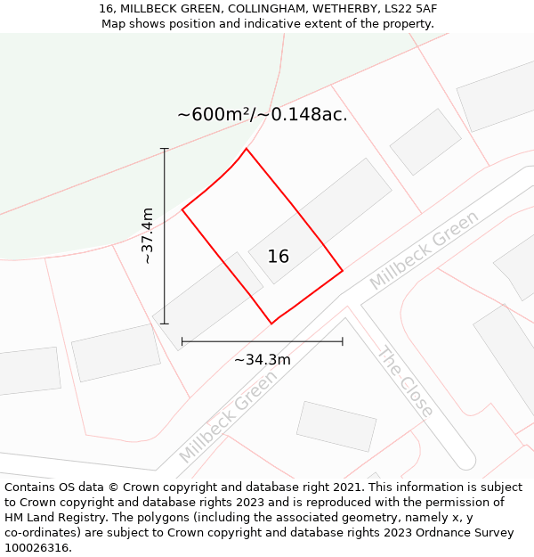 16, MILLBECK GREEN, COLLINGHAM, WETHERBY, LS22 5AF: Plot and title map