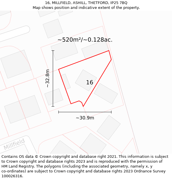 16, MILLFIELD, ASHILL, THETFORD, IP25 7BQ: Plot and title map