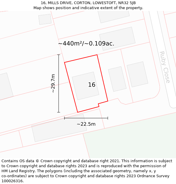 16, MILLS DRIVE, CORTON, LOWESTOFT, NR32 5JB: Plot and title map