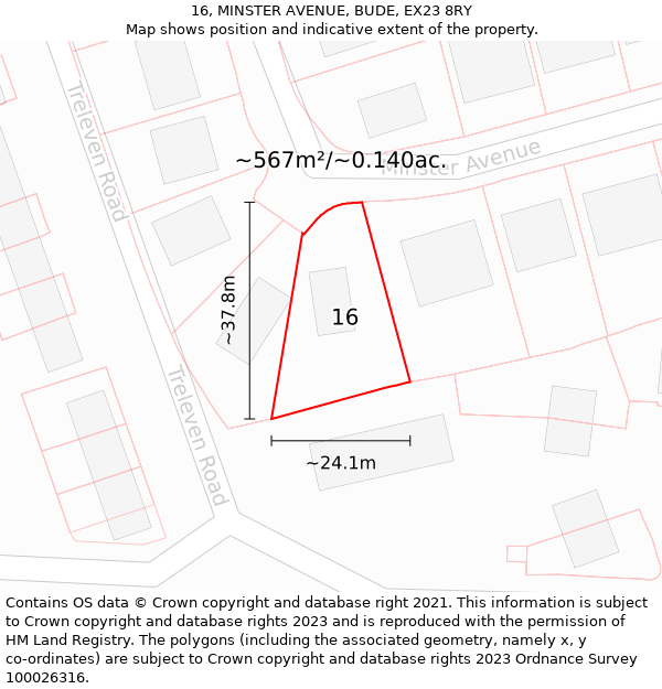 16, MINSTER AVENUE, BUDE, EX23 8RY: Plot and title map