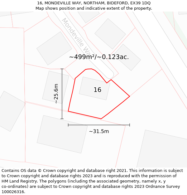 16, MONDEVILLE WAY, NORTHAM, BIDEFORD, EX39 1DQ: Plot and title map