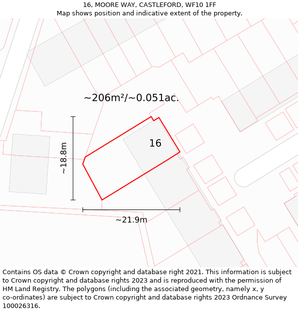 16, MOORE WAY, CASTLEFORD, WF10 1FF: Plot and title map