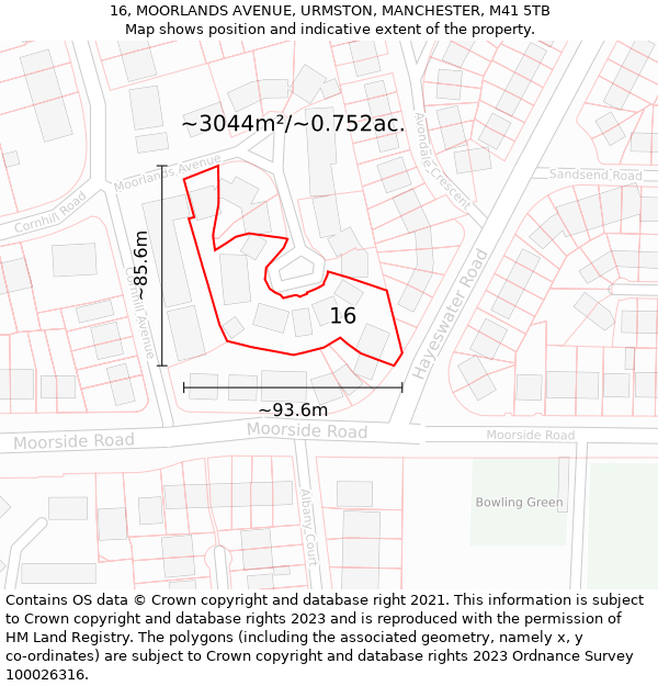 16, MOORLANDS AVENUE, URMSTON, MANCHESTER, M41 5TB: Plot and title map