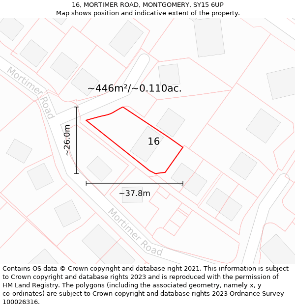 16, MORTIMER ROAD, MONTGOMERY, SY15 6UP: Plot and title map