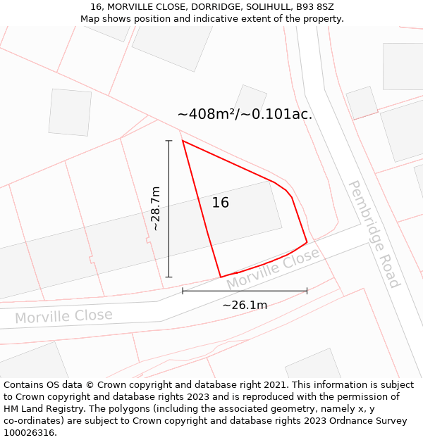 16, MORVILLE CLOSE, DORRIDGE, SOLIHULL, B93 8SZ: Plot and title map