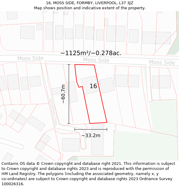 16, MOSS SIDE, FORMBY, LIVERPOOL, L37 3JZ: Plot and title map