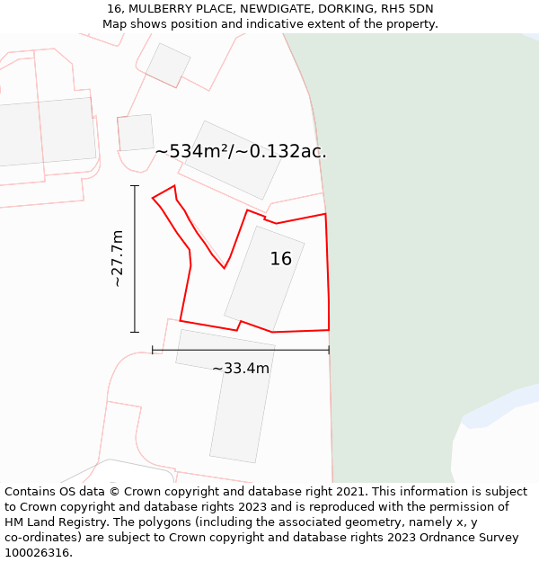16, MULBERRY PLACE, NEWDIGATE, DORKING, RH5 5DN: Plot and title map