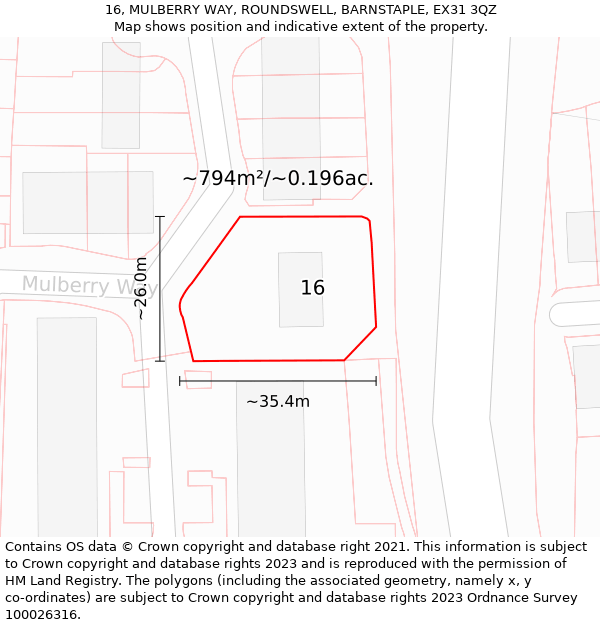 16, MULBERRY WAY, ROUNDSWELL, BARNSTAPLE, EX31 3QZ: Plot and title map