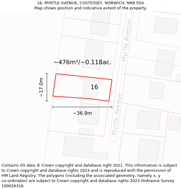 16, MYRTLE AVENUE, COSTESSEY, NORWICH, NR8 5DA: Plot and title map