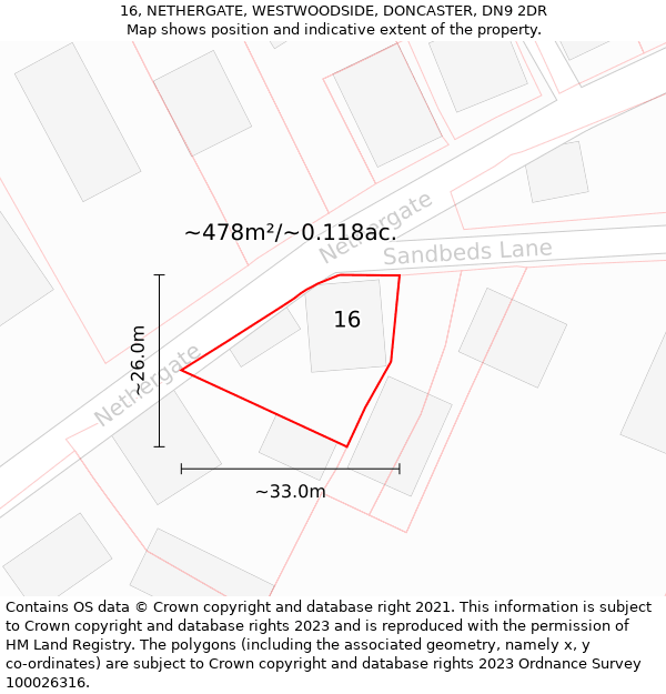 16, NETHERGATE, WESTWOODSIDE, DONCASTER, DN9 2DR: Plot and title map