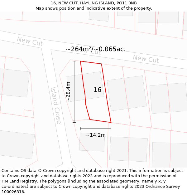 16, NEW CUT, HAYLING ISLAND, PO11 0NB: Plot and title map