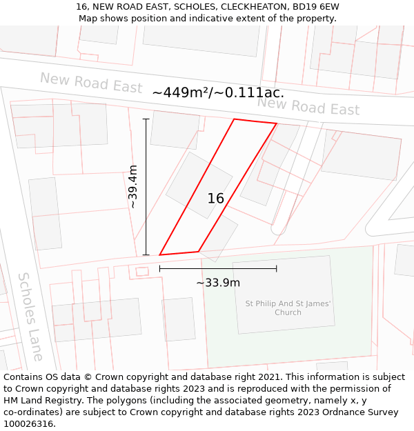 16, NEW ROAD EAST, SCHOLES, CLECKHEATON, BD19 6EW: Plot and title map