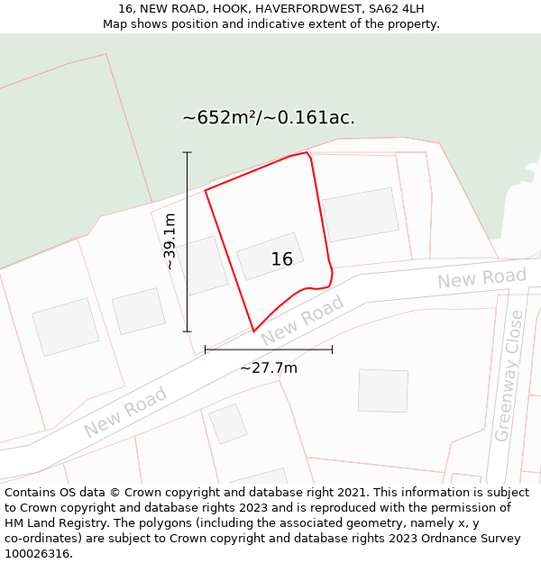 16, NEW ROAD, HOOK, HAVERFORDWEST, SA62 4LH: Plot and title map