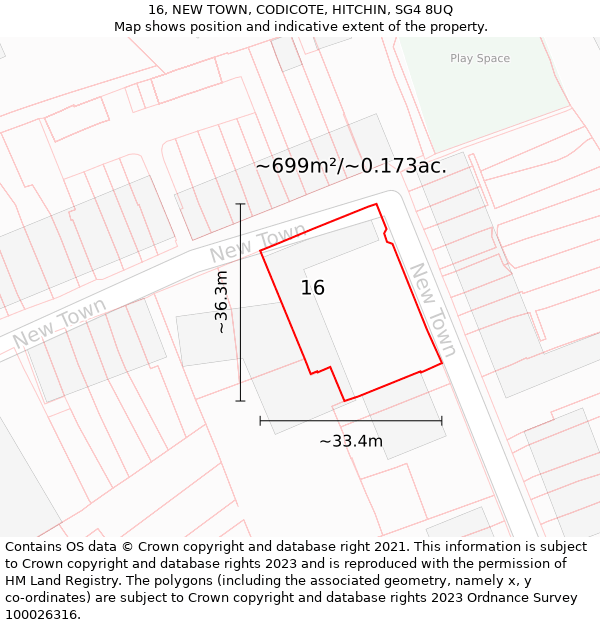 16, NEW TOWN, CODICOTE, HITCHIN, SG4 8UQ: Plot and title map