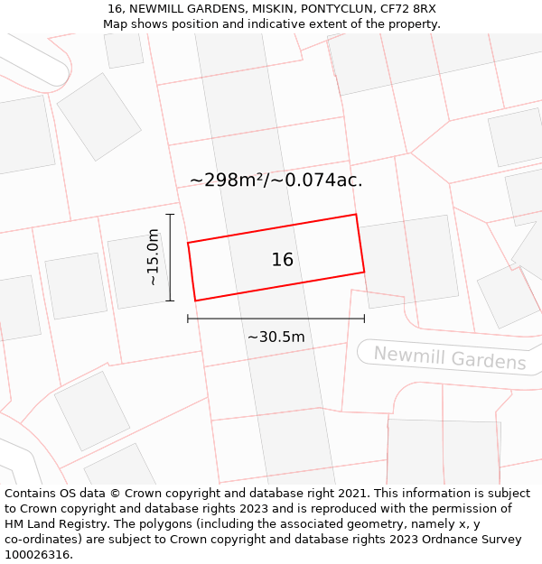 16, NEWMILL GARDENS, MISKIN, PONTYCLUN, CF72 8RX: Plot and title map