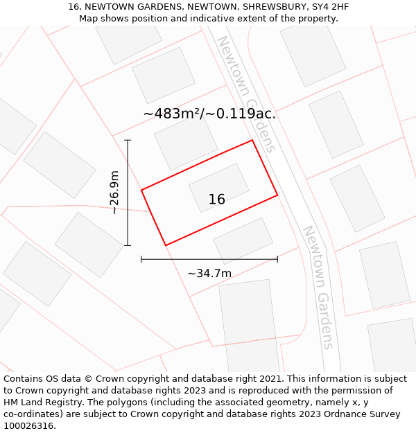 16, NEWTOWN GARDENS, NEWTOWN, SHREWSBURY, SY4 2HF: Plot and title map