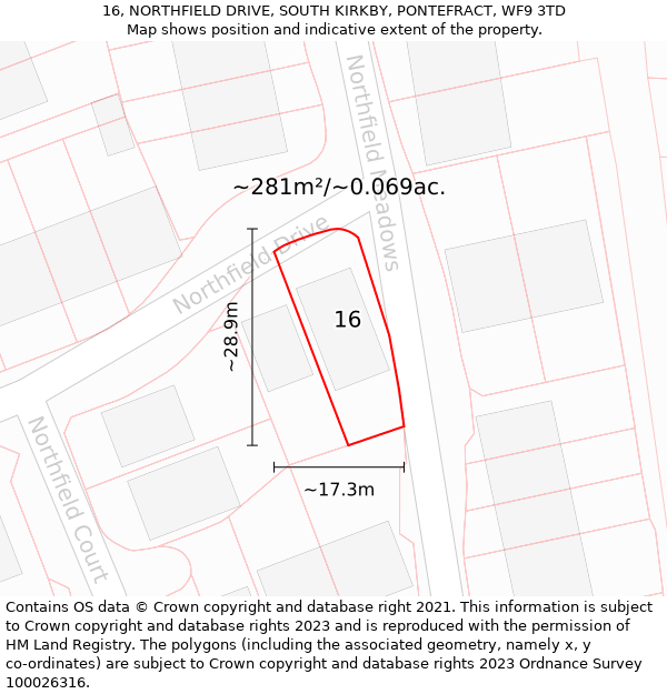 16, NORTHFIELD DRIVE, SOUTH KIRKBY, PONTEFRACT, WF9 3TD: Plot and title map