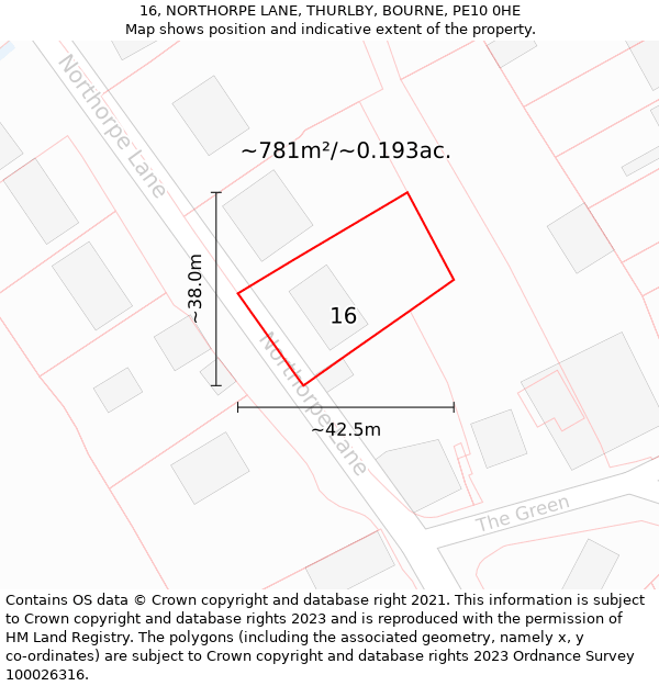 16, NORTHORPE LANE, THURLBY, BOURNE, PE10 0HE: Plot and title map