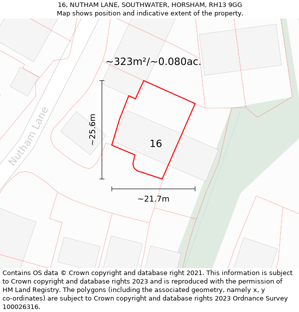 16, NUTHAM LANE, SOUTHWATER, HORSHAM, RH13 9GG: Plot and title map